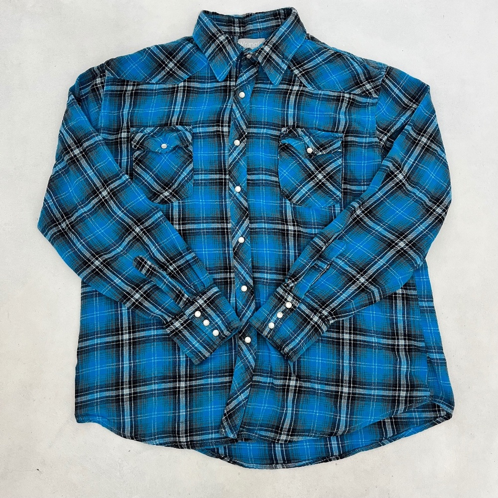 Wrangler Wrancher Mens Western Button Up Shirt Blue Plaid Pearl Snap Pockets‎